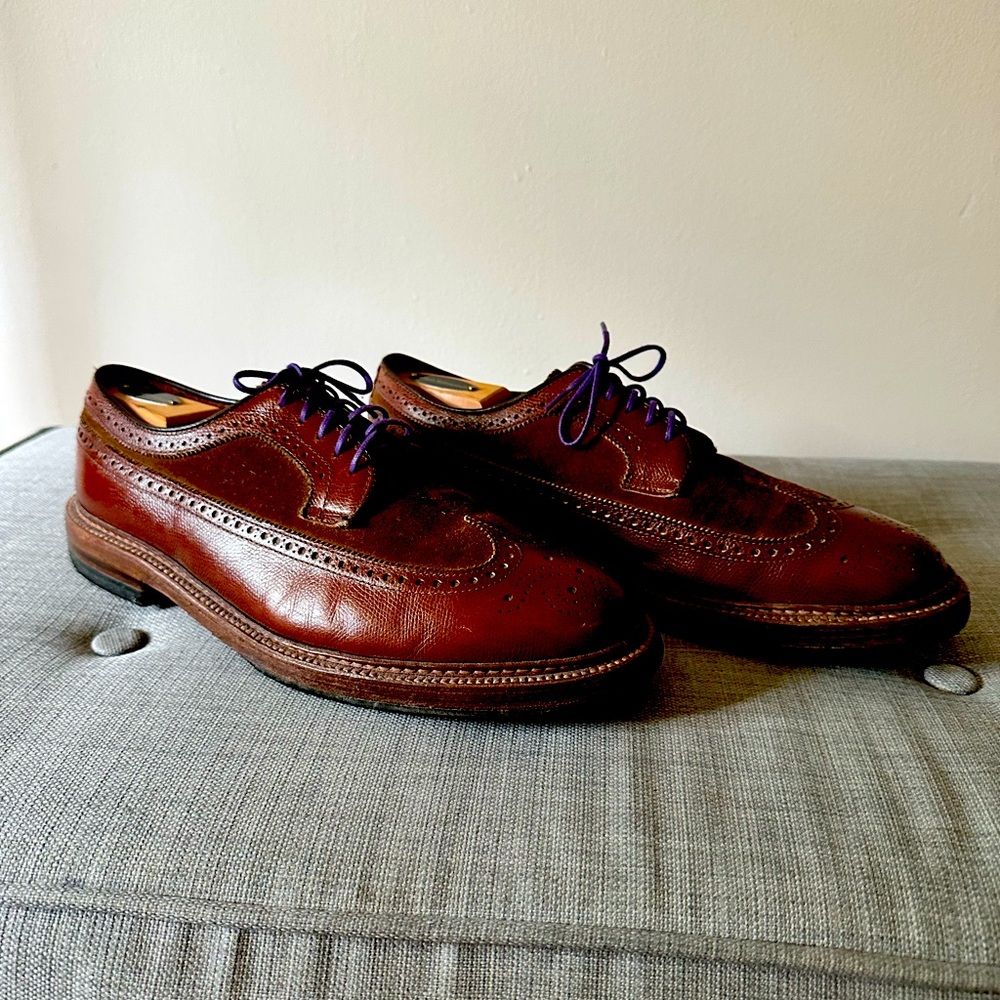 Alden for J crew long wing tip shoes- two-tone suede and leather combo